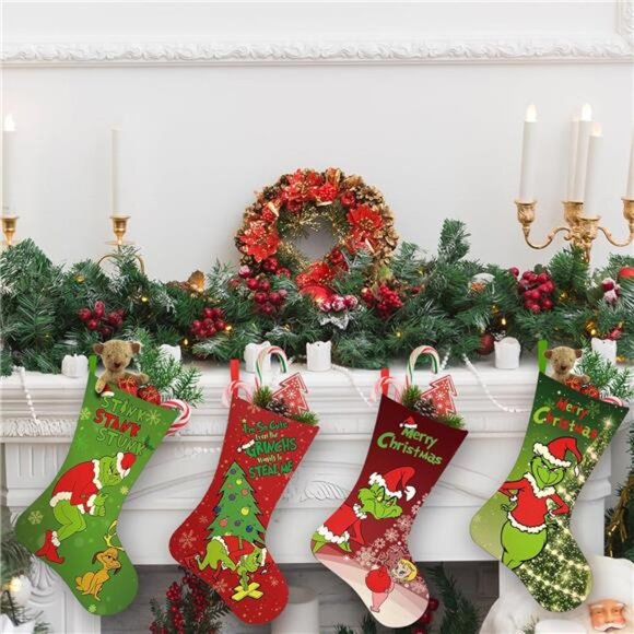 4 Pack Grinch Christmas Stockings, 18 Inch Large‎ Holiday Decor for Home Indoor - Picture 3 of 7